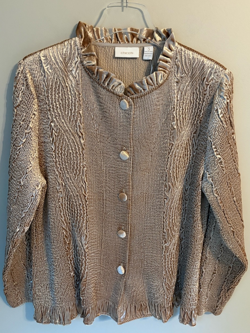 Chico's Rippled Ruffle Keily Jacket in Pale Stardust | Women's Size 3 / XL